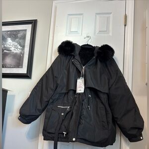Black Hooded Jacket with Faux Fur Trim
